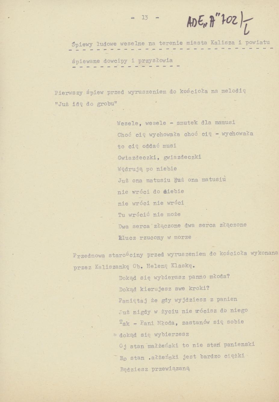 Śpiewy ludowe weselne na terenie miasta Kalisza i powiatu śpiewane dowcipy i przysłowia