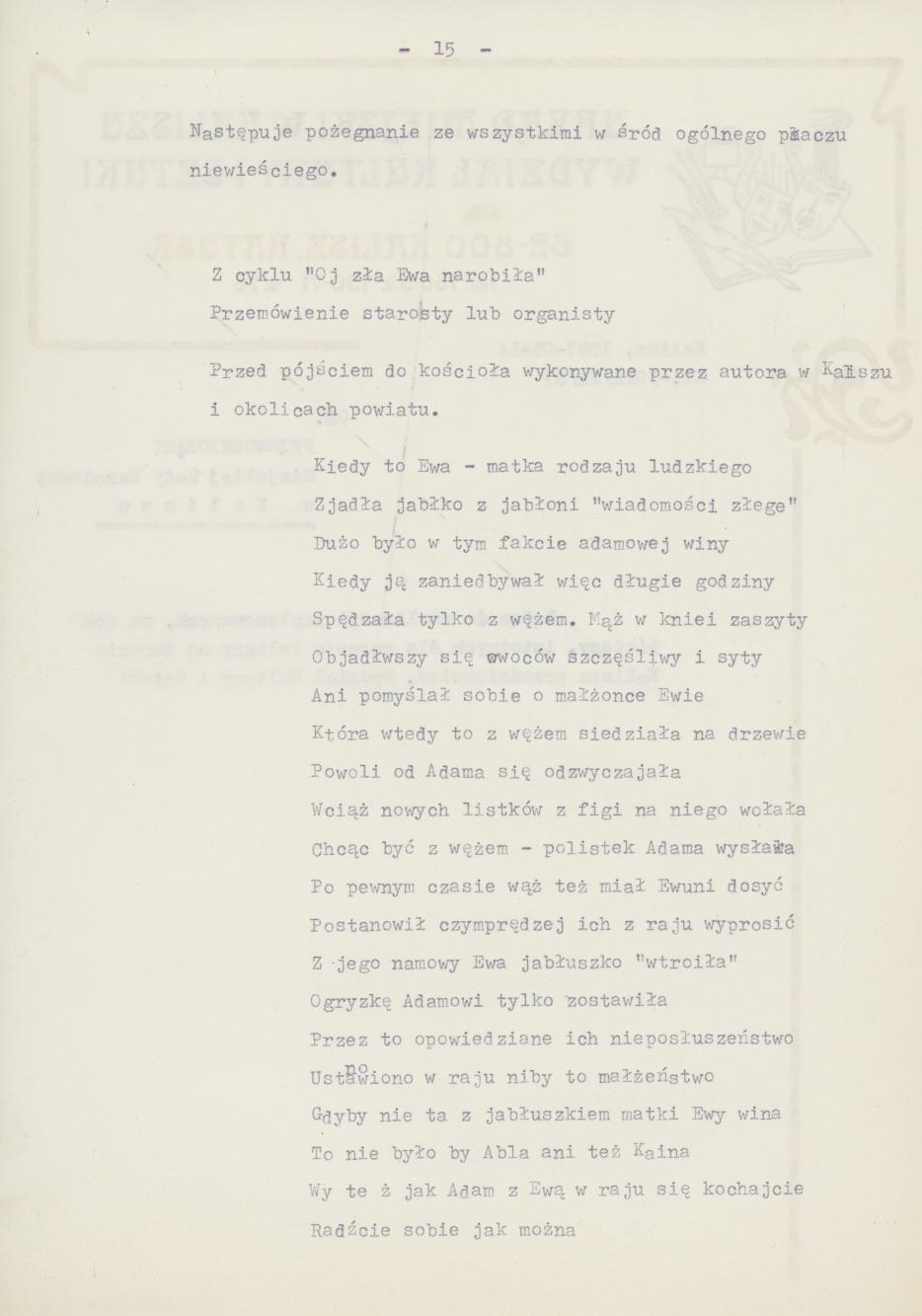 Śpiewy ludowe weselne na terenie miasta Kalisza i powiatu śpiewane dowcipy i przysłowia