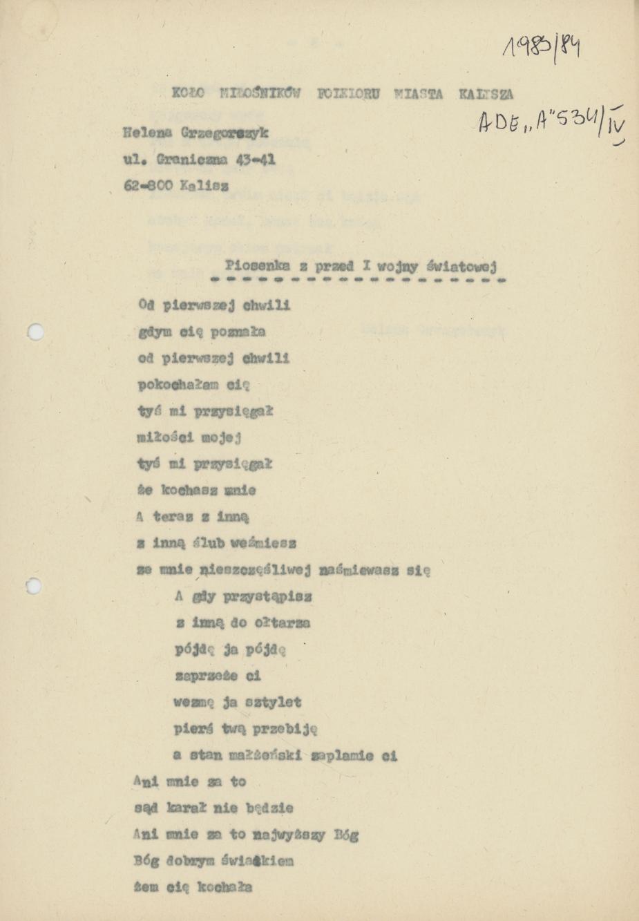 Piosenka z przed I wojny światowej