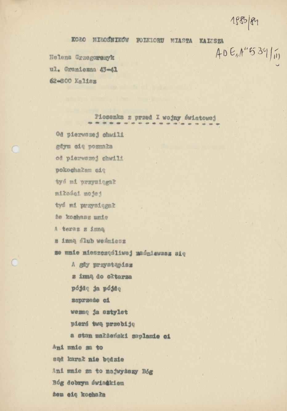 Piosenka z przed I wojny światowej