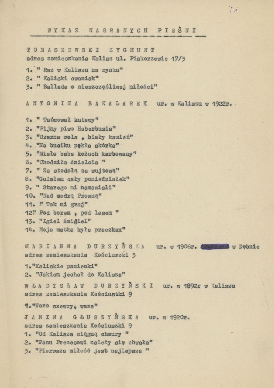 Wykaz nagranych pieśni