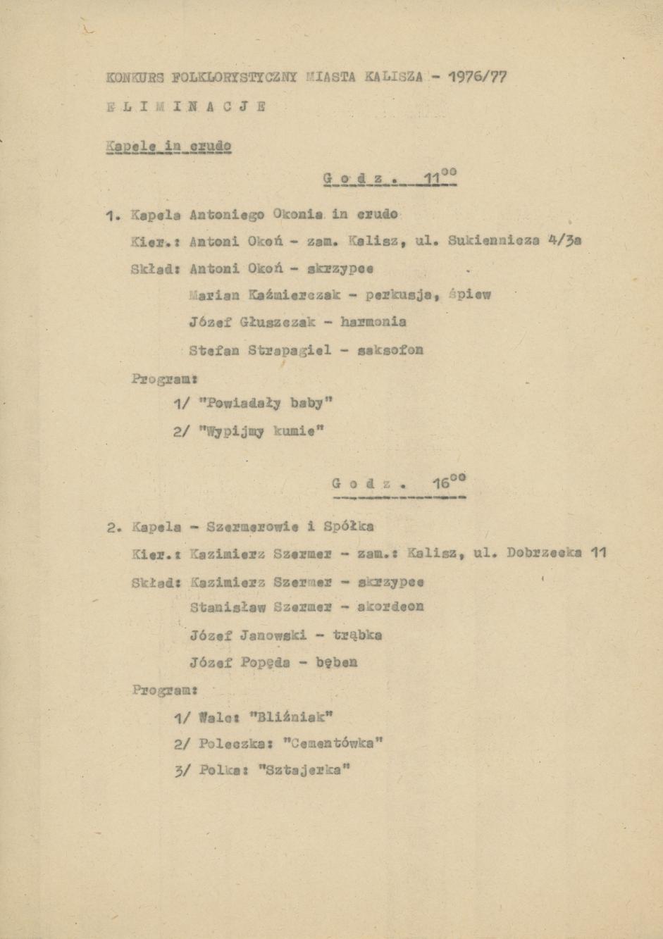 Wykaz uczestników Konkursu folklorystycznego miasta Kalisza 1976/77