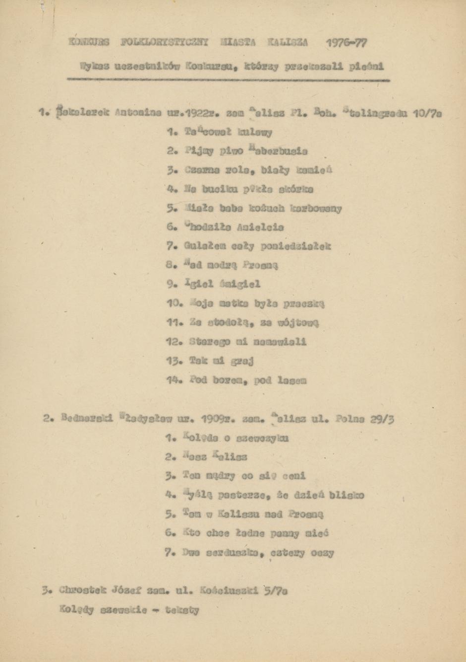 Wykaz uczestników Konkursu folklorystycznego miasta Kalisza 1976/77, cz. 1