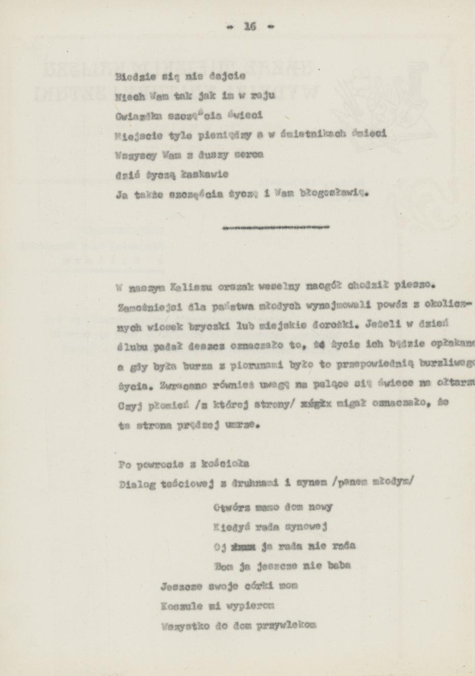 Śpiewy ludowe weselne na terenie miasta Kalisza i powiatu śpiewane, cz. 1