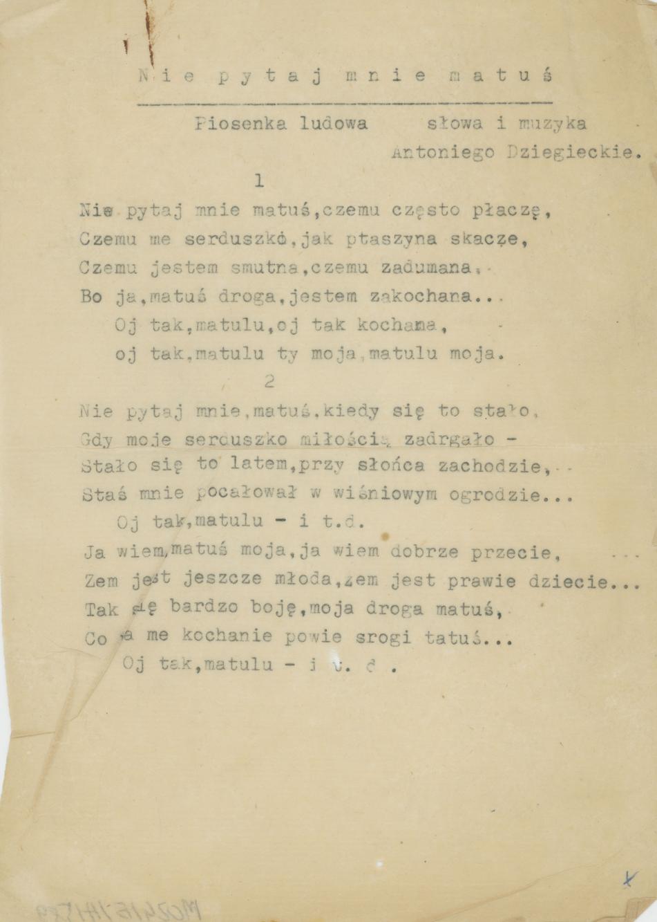 Nie pytaj mnie matuś - piosenka ludowa