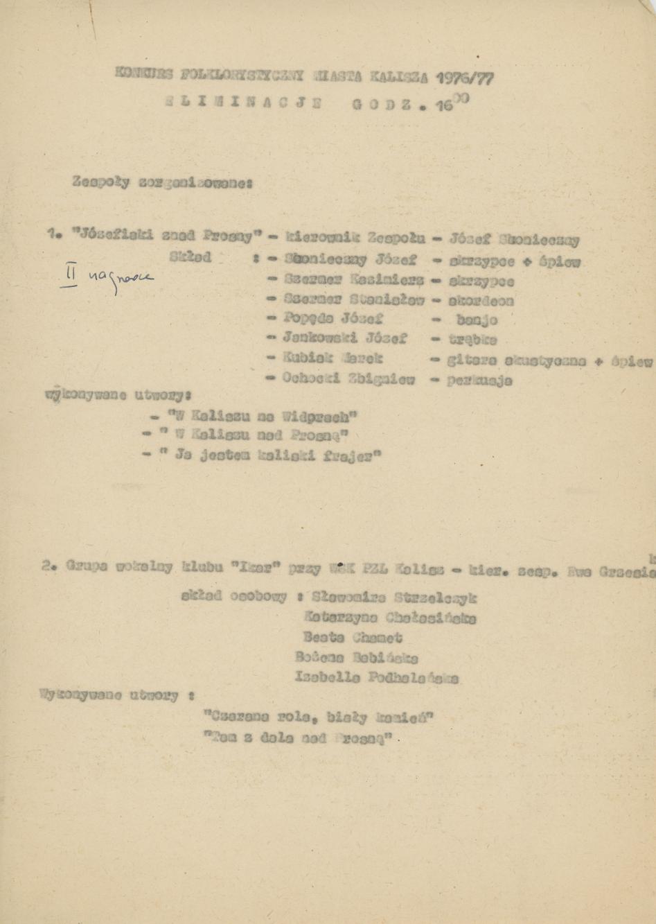 Wykaz uczestników Konkursu folklorystycznego miasta Kalisza 1976/77