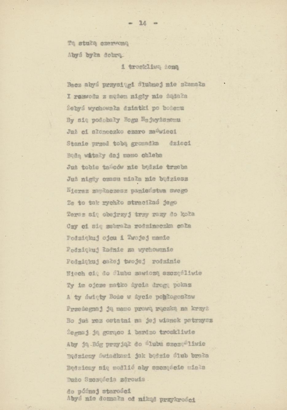 Śpiewy ludowe weselne na terenie miasta Kalisza i powiatu śpiewane, cz. 1