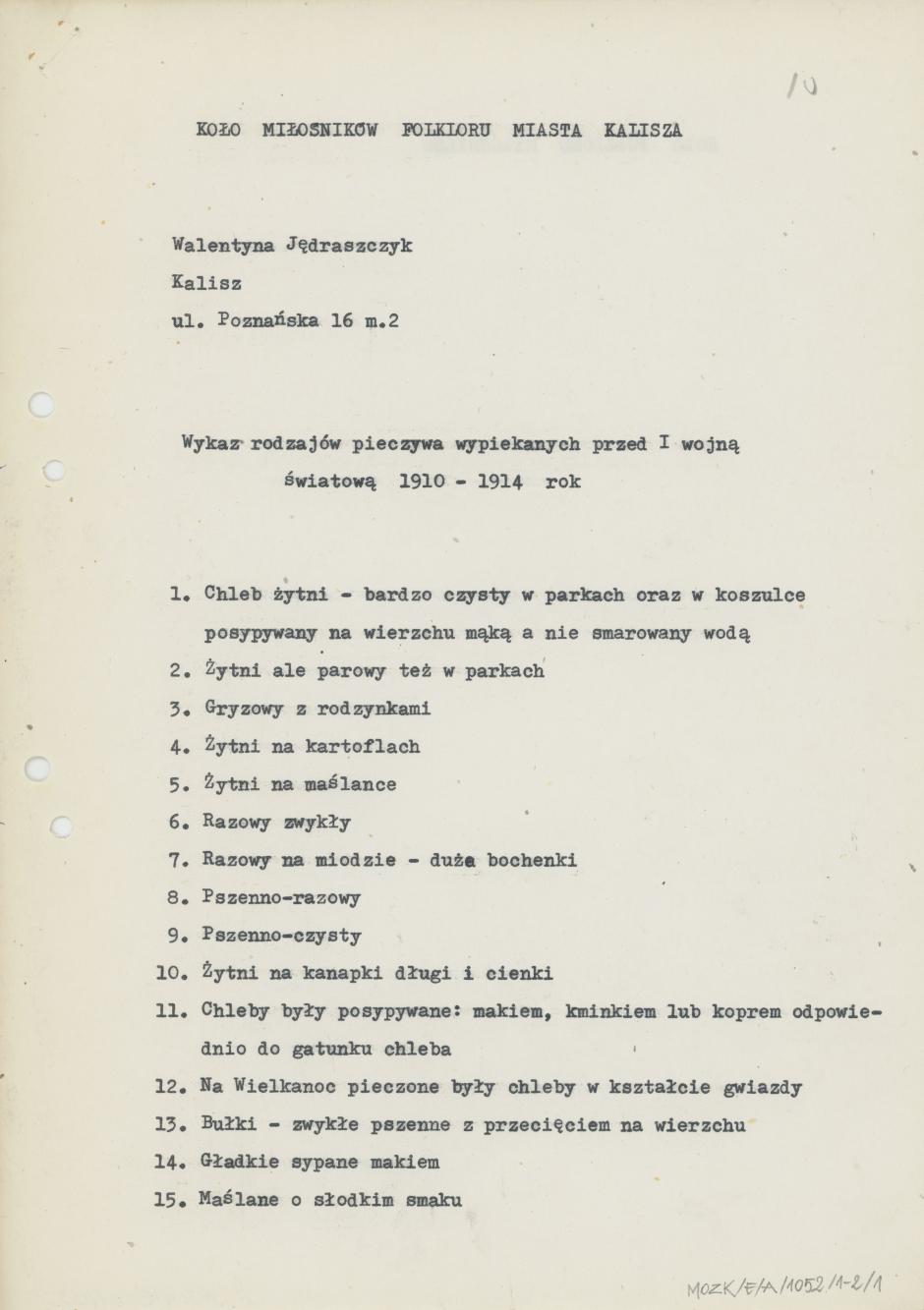 Wykaz rodzajów pieczywa wypiekanych przed I wojną światową 1910-1914 rok