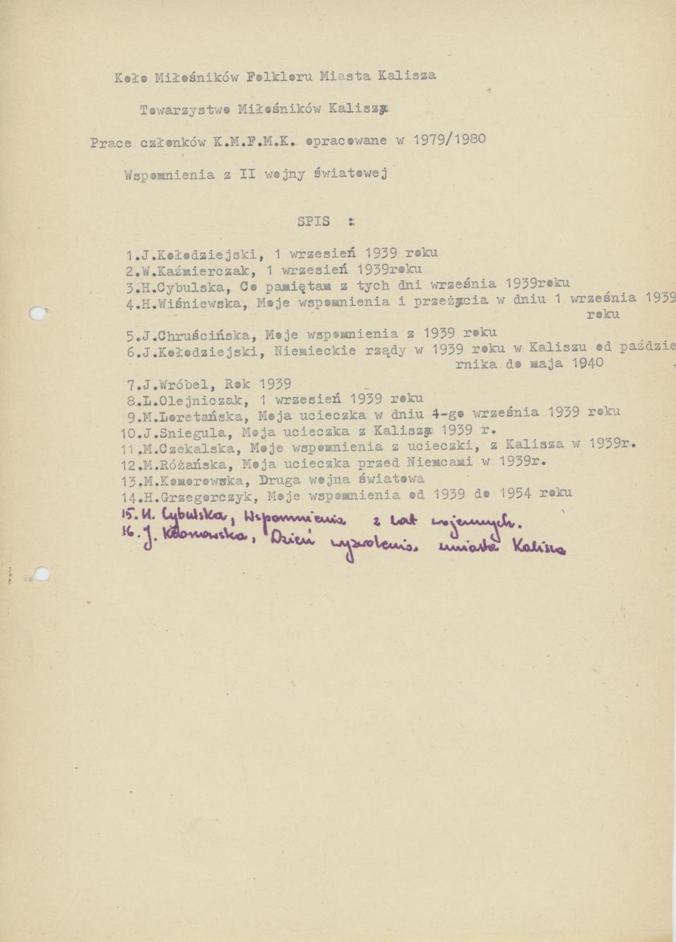 Wspomnienia z II wojny światowej - lista prac członków K.M.F.M.K.