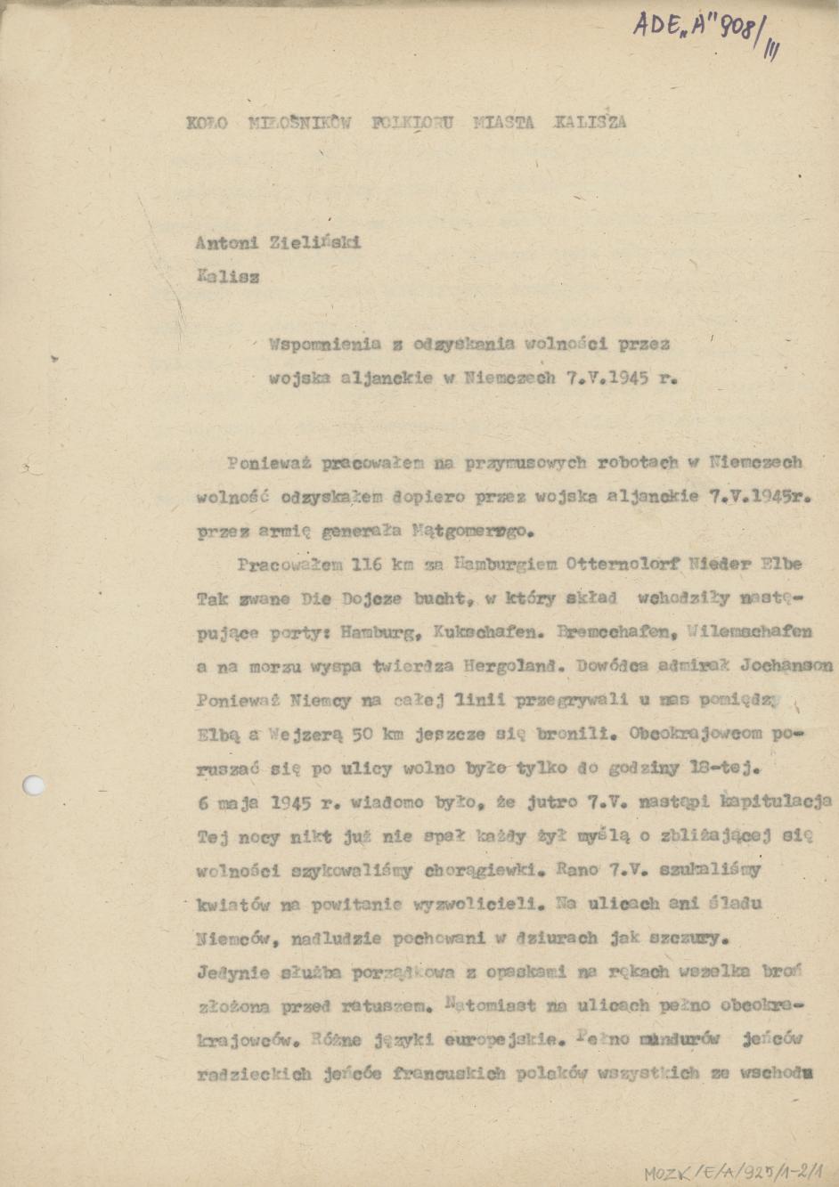 Wspomnienia z odzyskania wolności przez wojska aljanckie w Niemczech 7.V.1945 r.