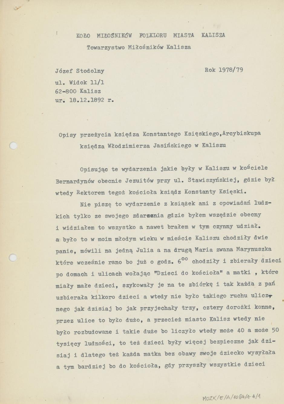 Opisy przeżycia księdza Konstantego Księskiego, Arcybiskupa  księdza Włodzimierza Jasińskiego w Kaliszu