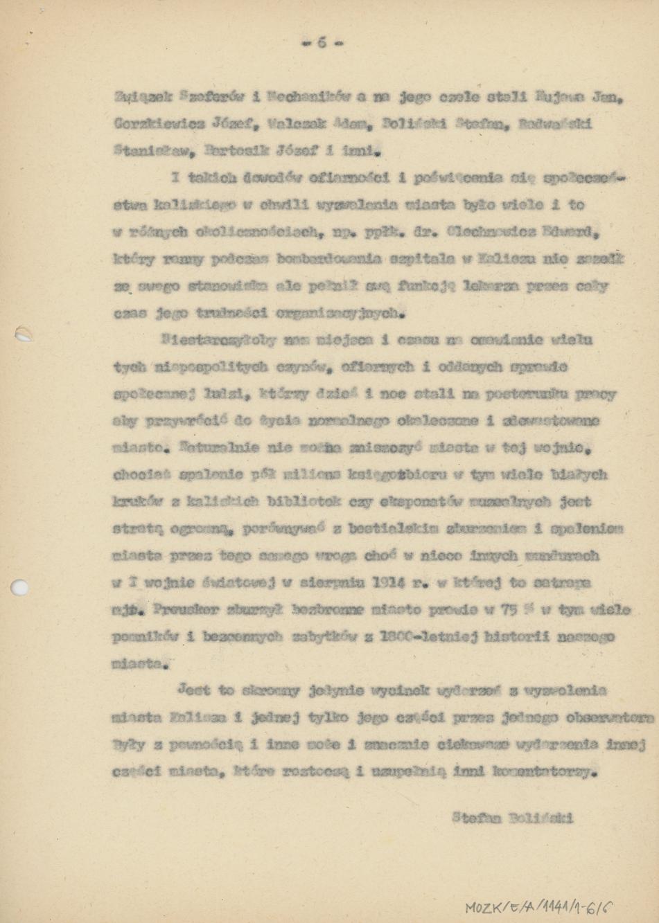 Wspomnienie z wyzwolenia Miasta Kalisza w r. 1945