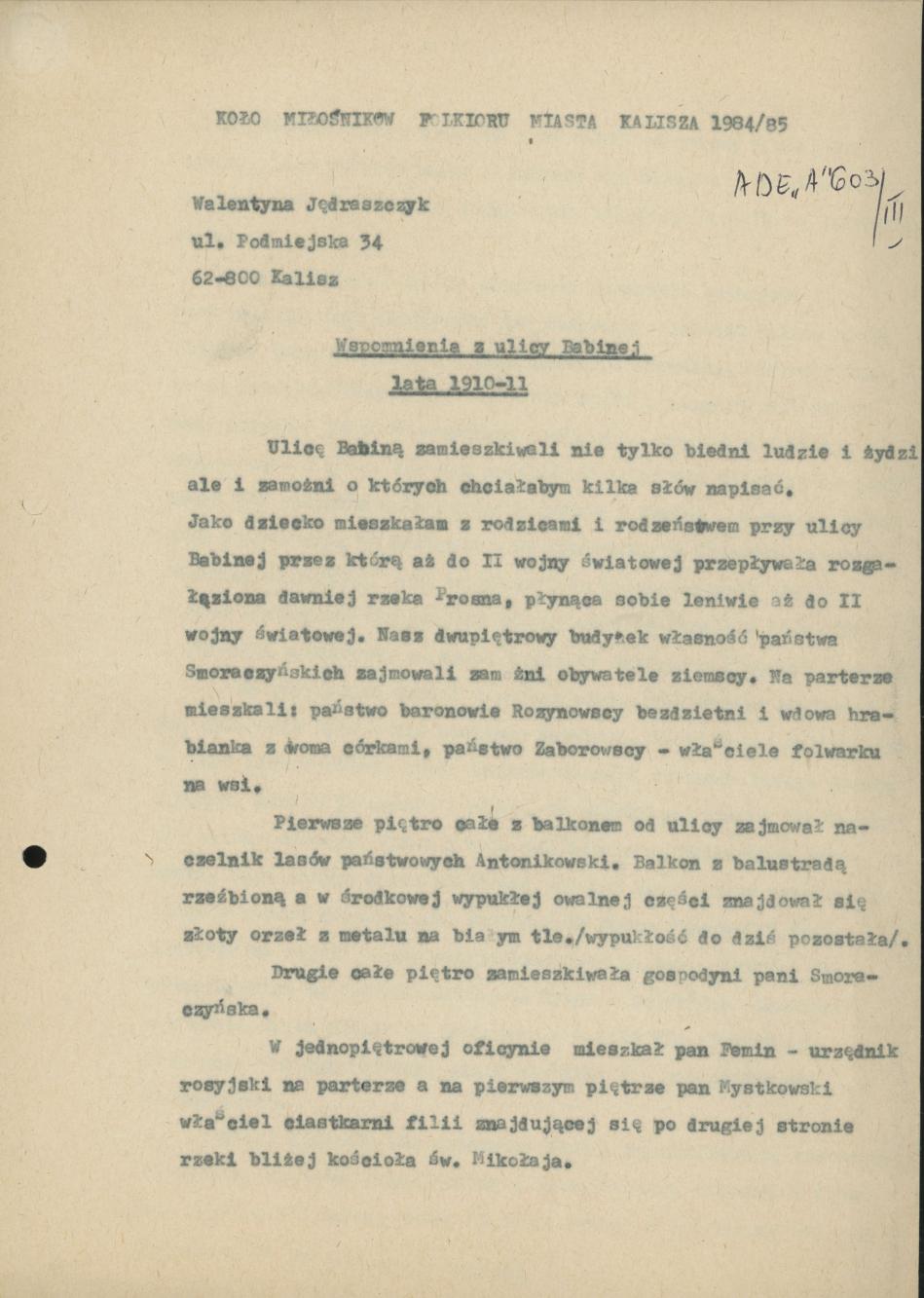 Wspomnienia z ulicy Babinej, lata 1910-11