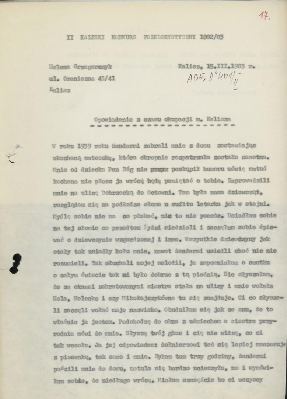 Opowiadanie z czasu okupacji m. Kalisza