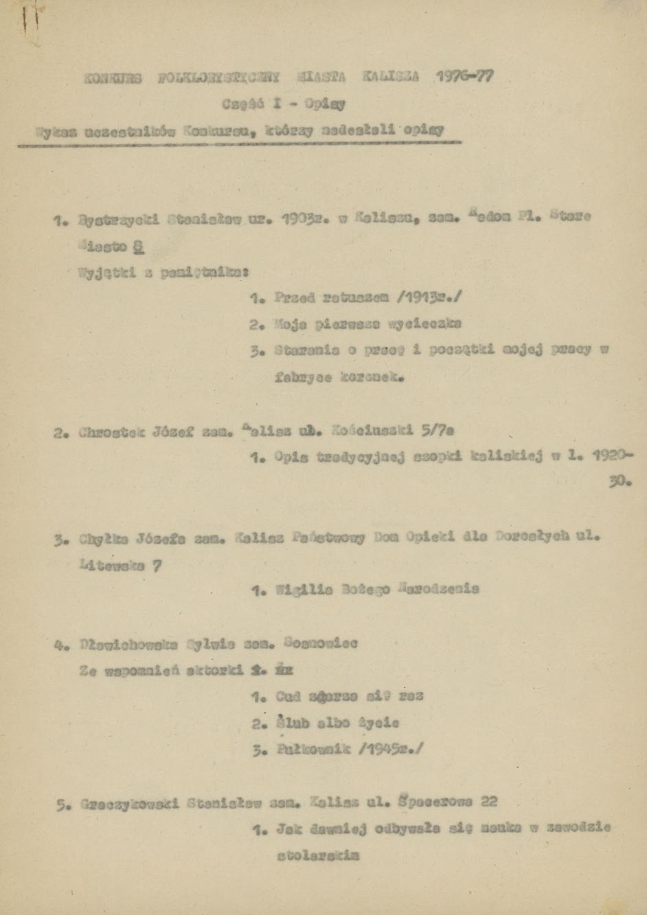 Wykaz uczestników Konkursu Folklorystycznego miasta Kalisza 1976/77