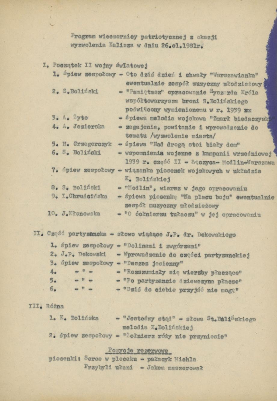 Program wieczornicy patriotycznej z okazji wyzwolenia Kalisza w dniu 26.01.1981 r.