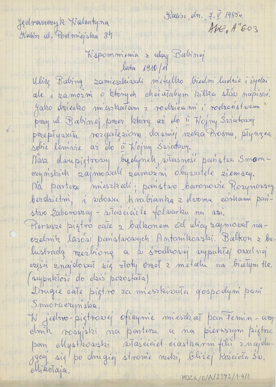 Wspomnienia z ulicy Babinej. Lata 1910/11