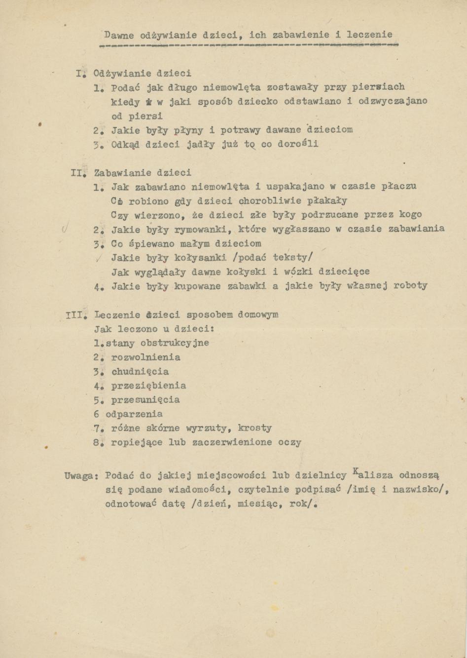 Dawne odżywianie dzieci, ich zabawianie i leczenie - kwestionariusz