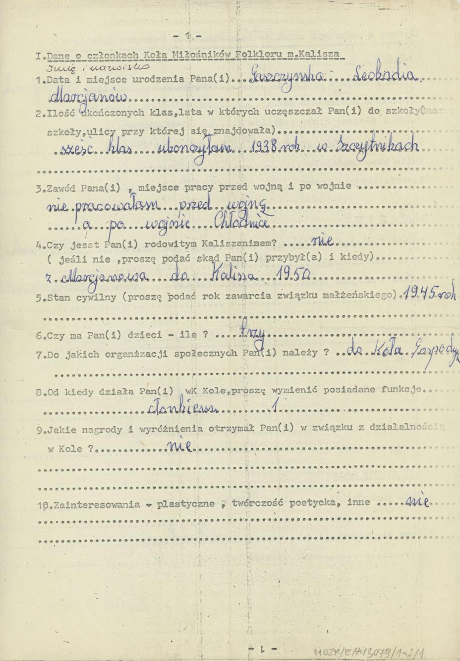 Leokadia Gaszczyńska - kwestionariusz osobowy