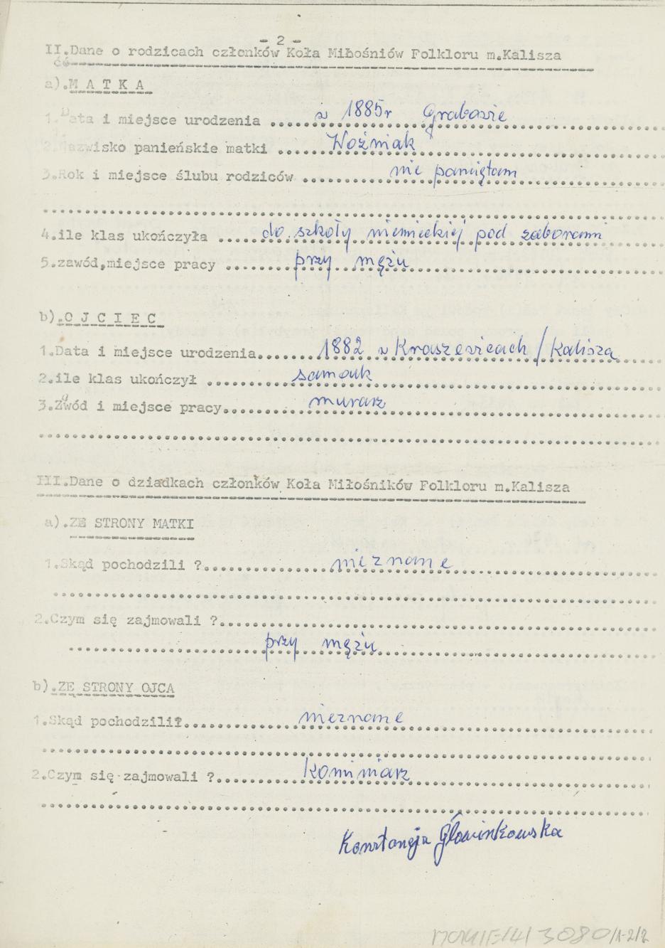 Konstancja Głowinkowska - kwestionariusz osobowy