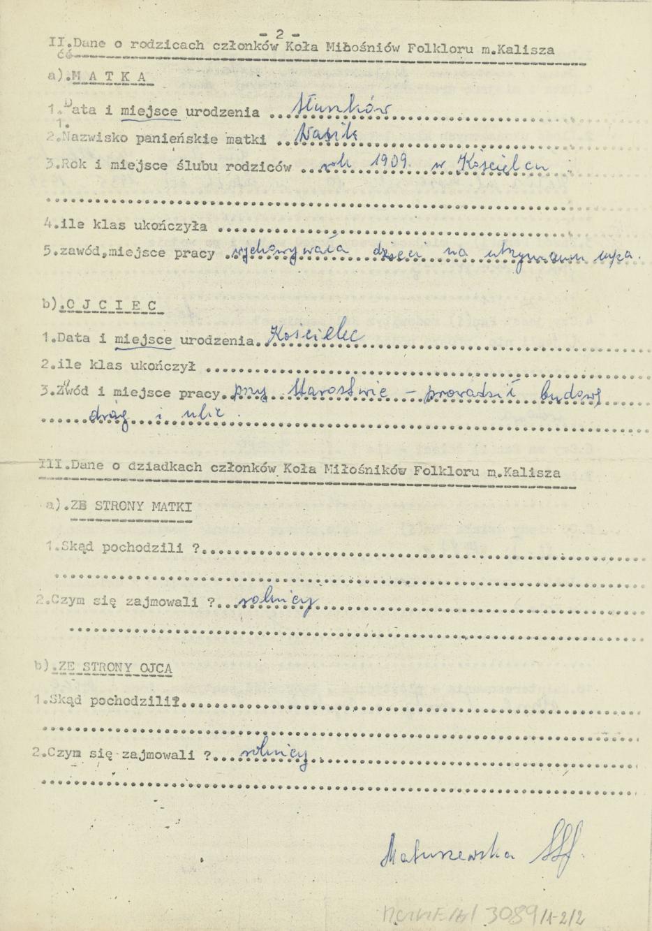 Stefania Matuszewska - kwestionariusz osobowy