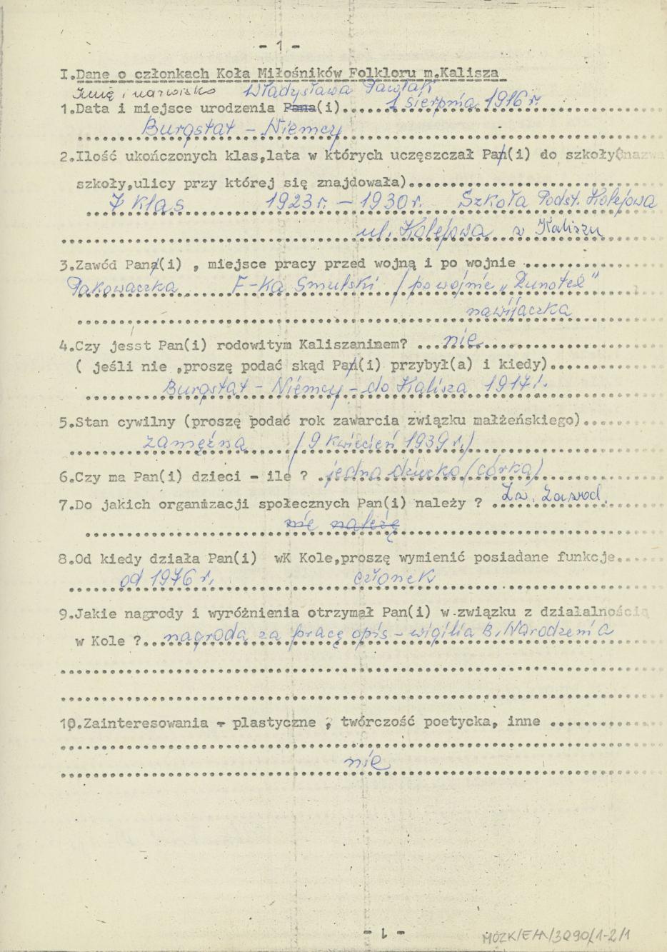 Władysława Pawlak - kwestionariusz osobowy