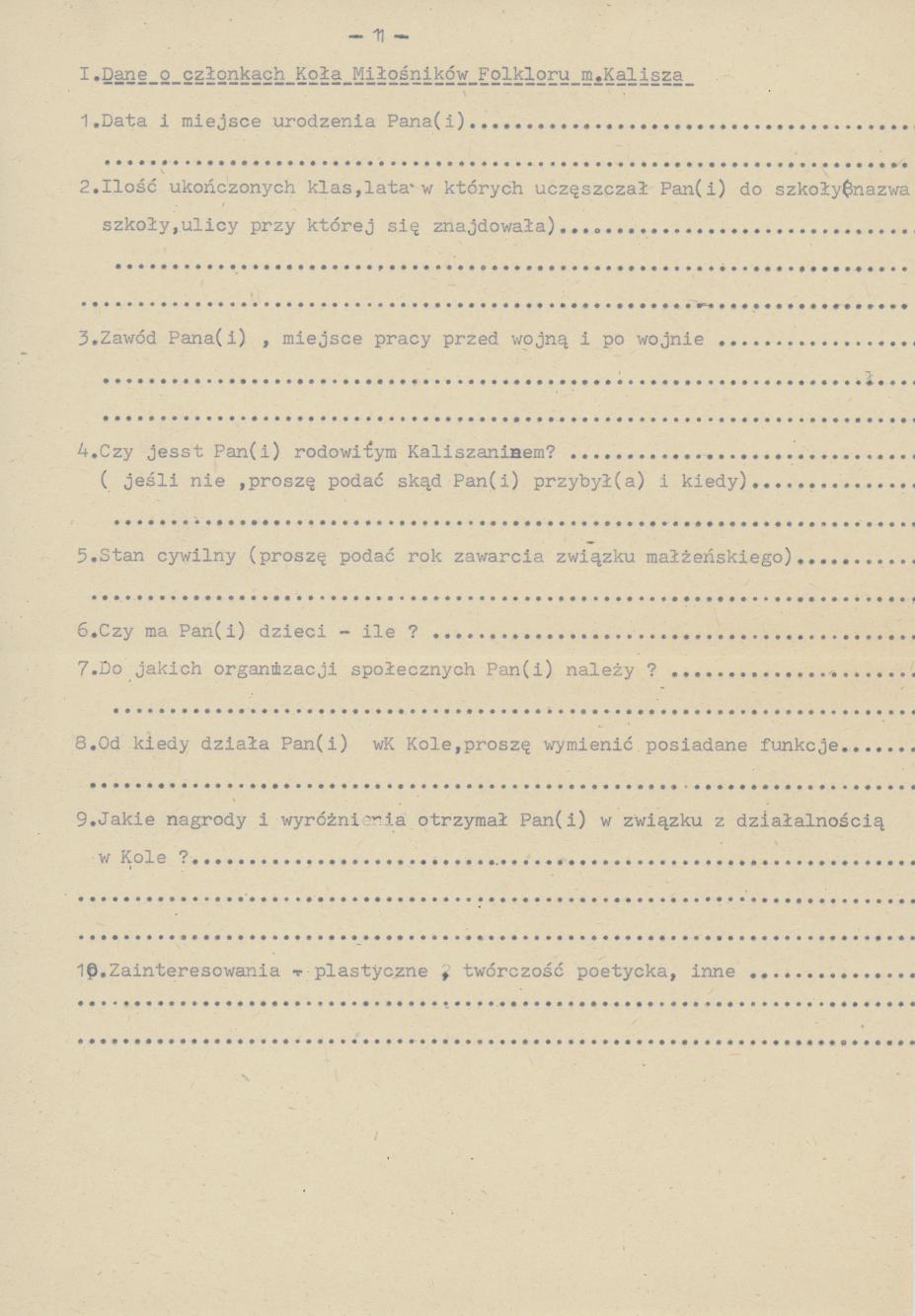 Dane o członkach Koła Miłośników Folkloru Miasta Kalisza - kwestionariusz
