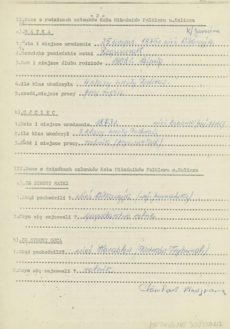 Władysława Pawlak - kwestionariusz osobowy