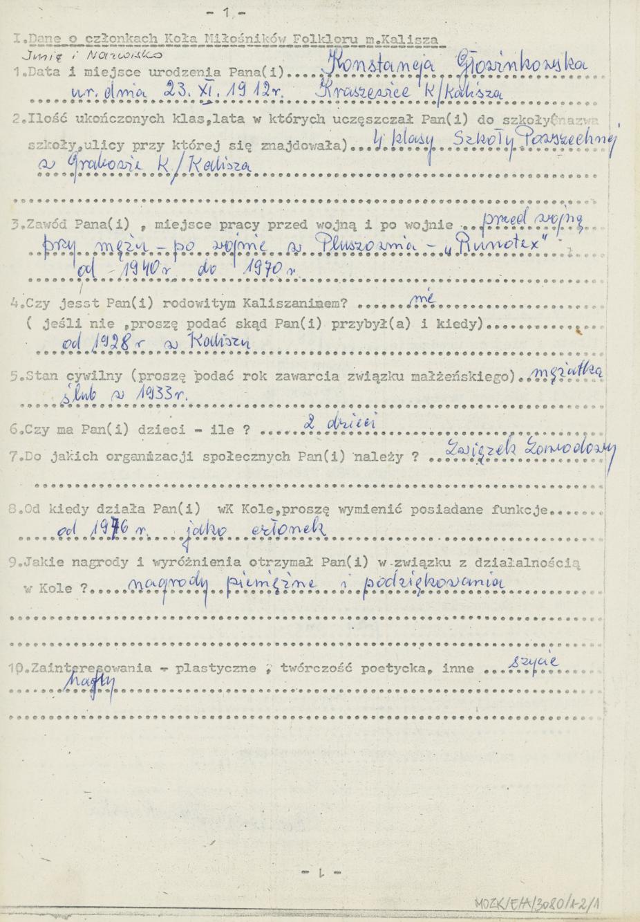 Konstancja Głowinkowska - kwestionariusz osobowy