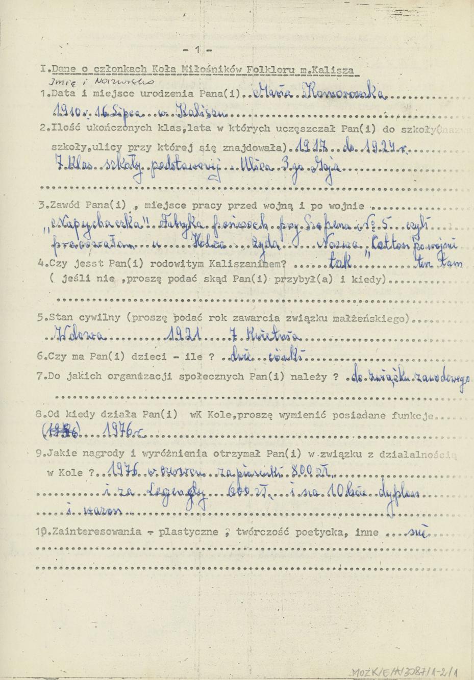 Maria Komorowska - kwestionariusz osobowy