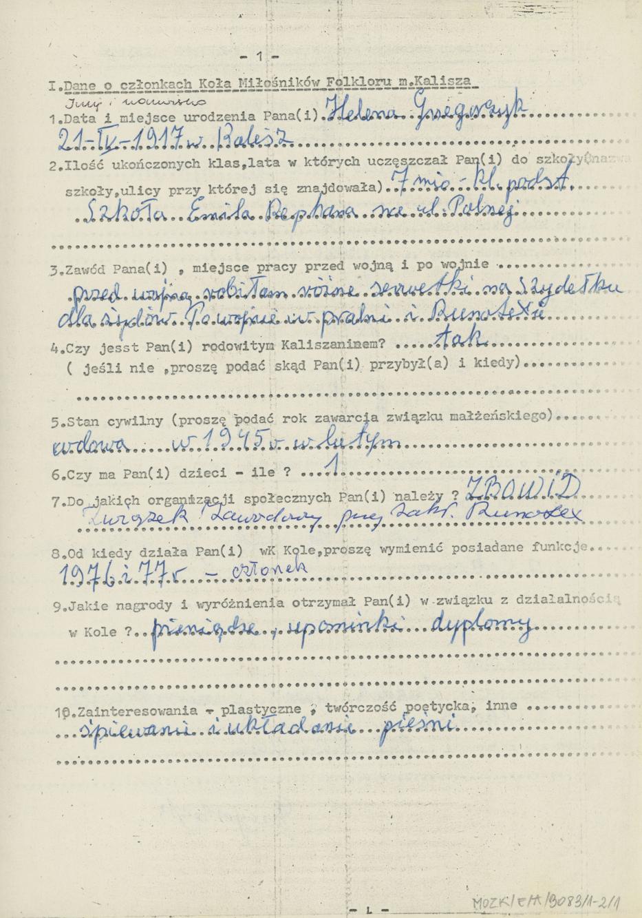 Helena Grzegorczyk - kwestionariusz osobowy