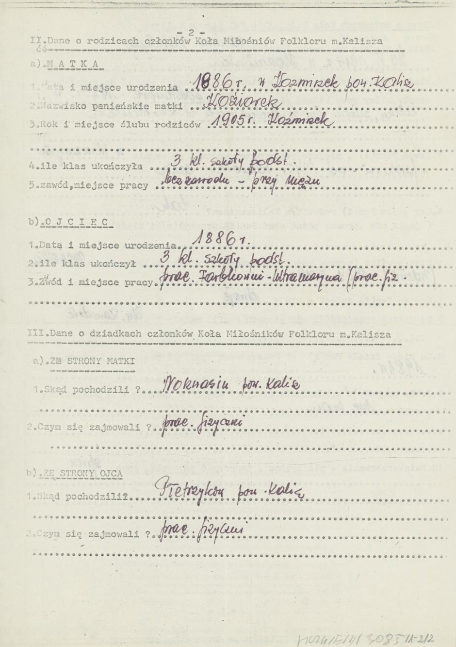 Janina Kałużna - kwestionariusz osobowy