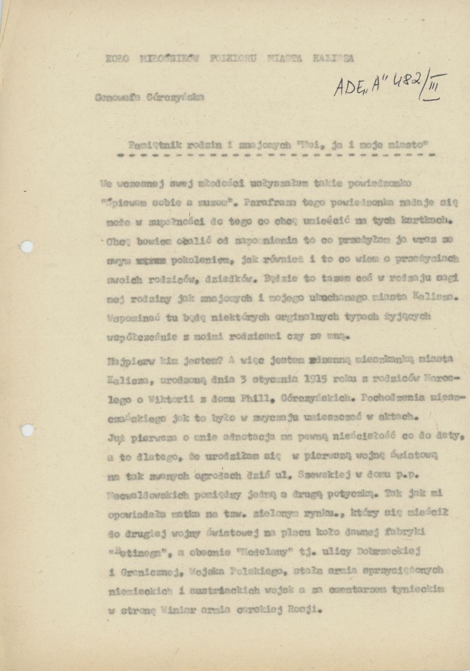 Pamiętnik Genowefy Górczyńskiej "Moi, ja i moje miasto", cz. 1