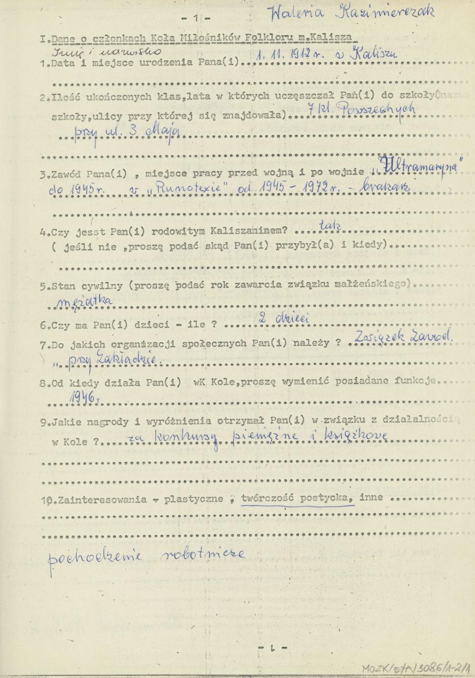 Waleria Kaźmierczak - kwestionariusz osobowy