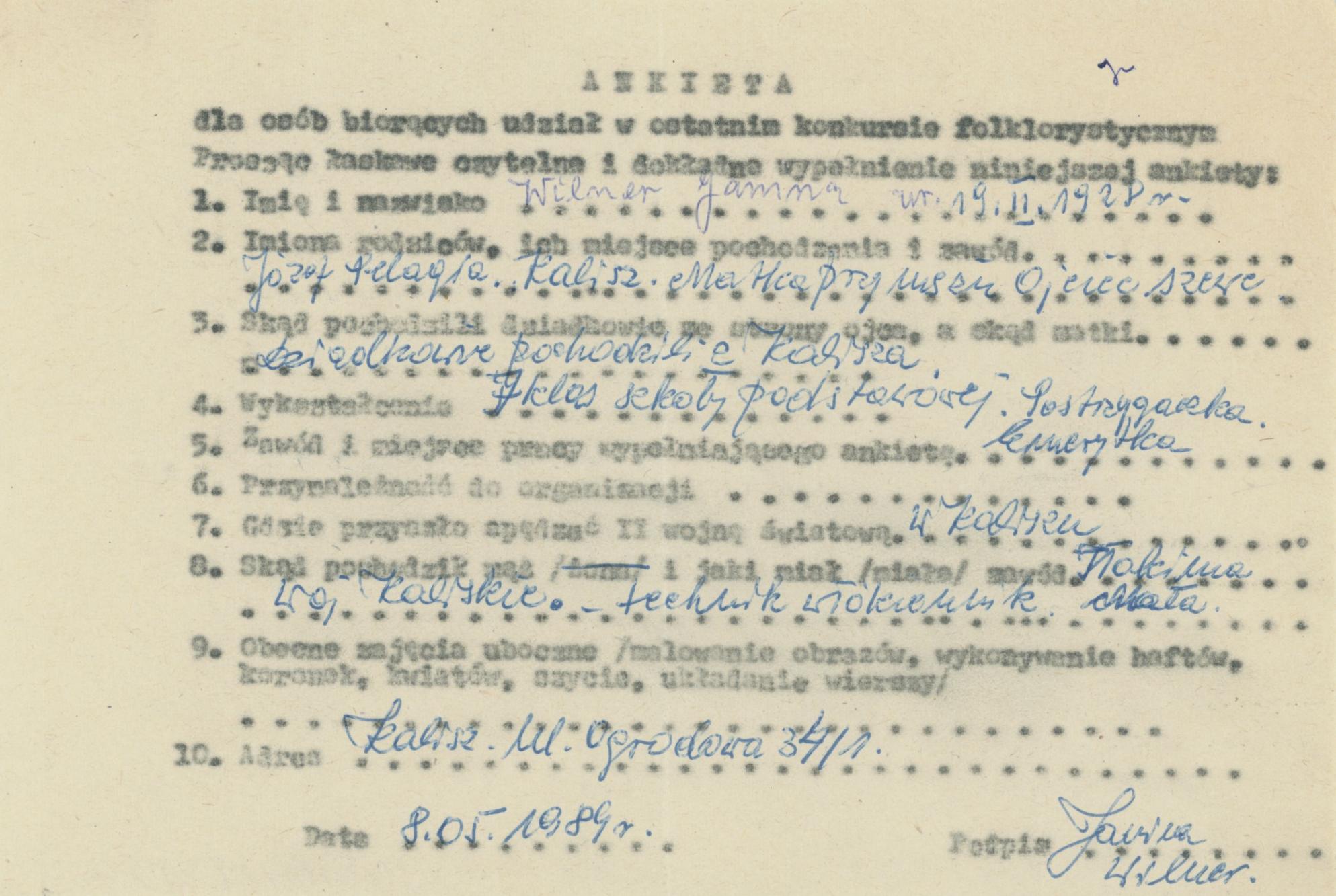 Janina Wilner - ankieta osobowa