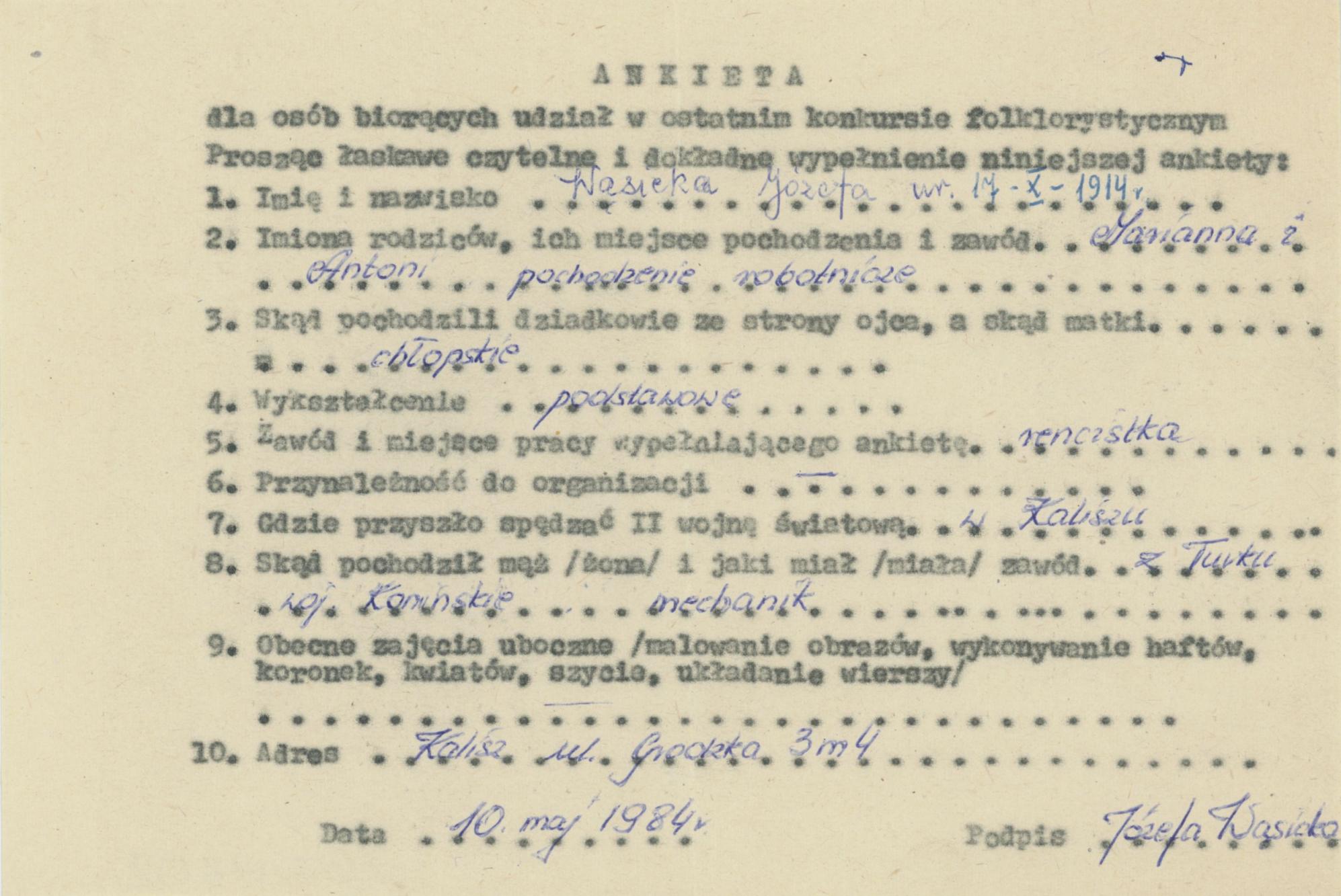Józefa Wąsicka - ankieta osobowa