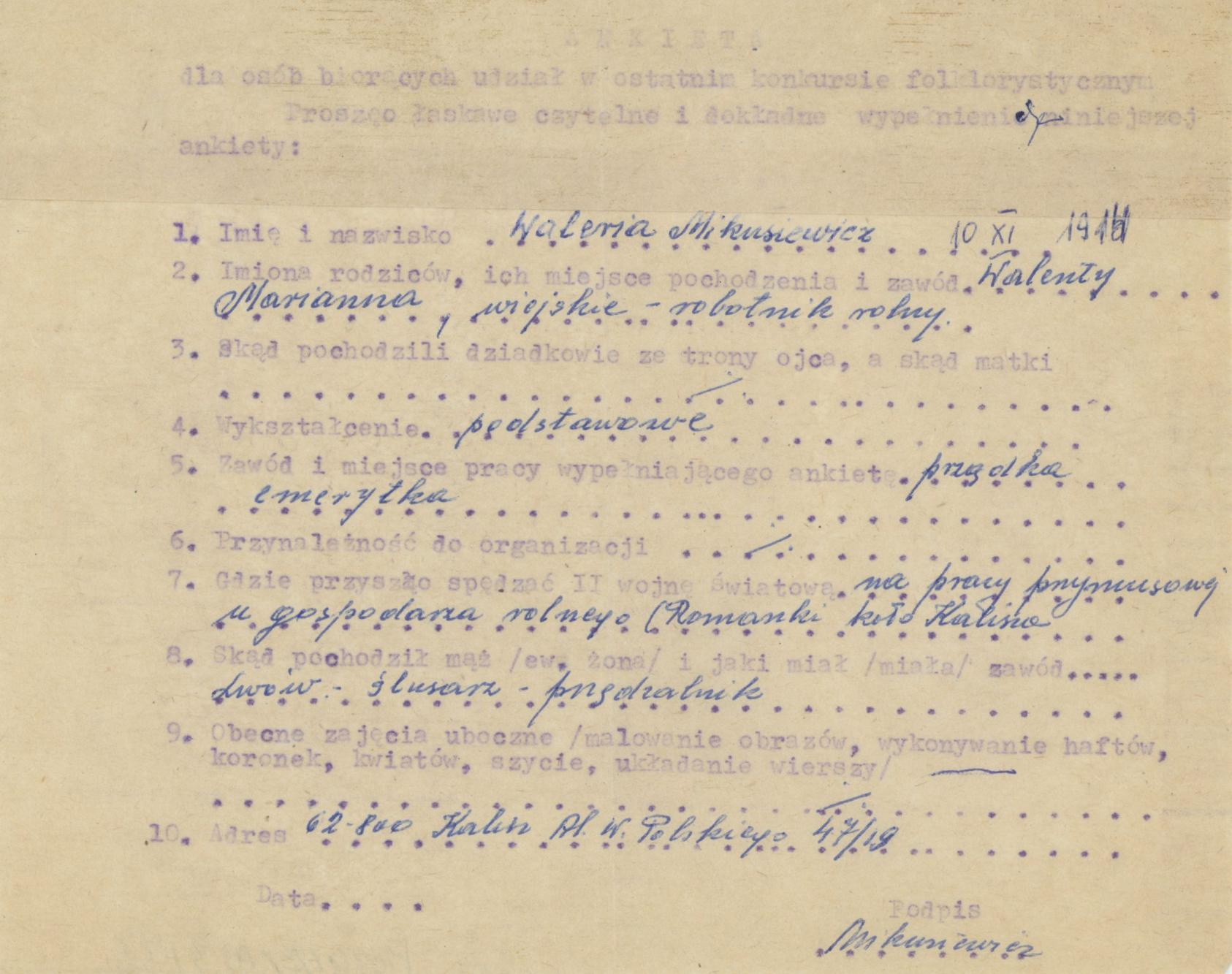 Waleria Mikusiewicz - ankieta osobowa