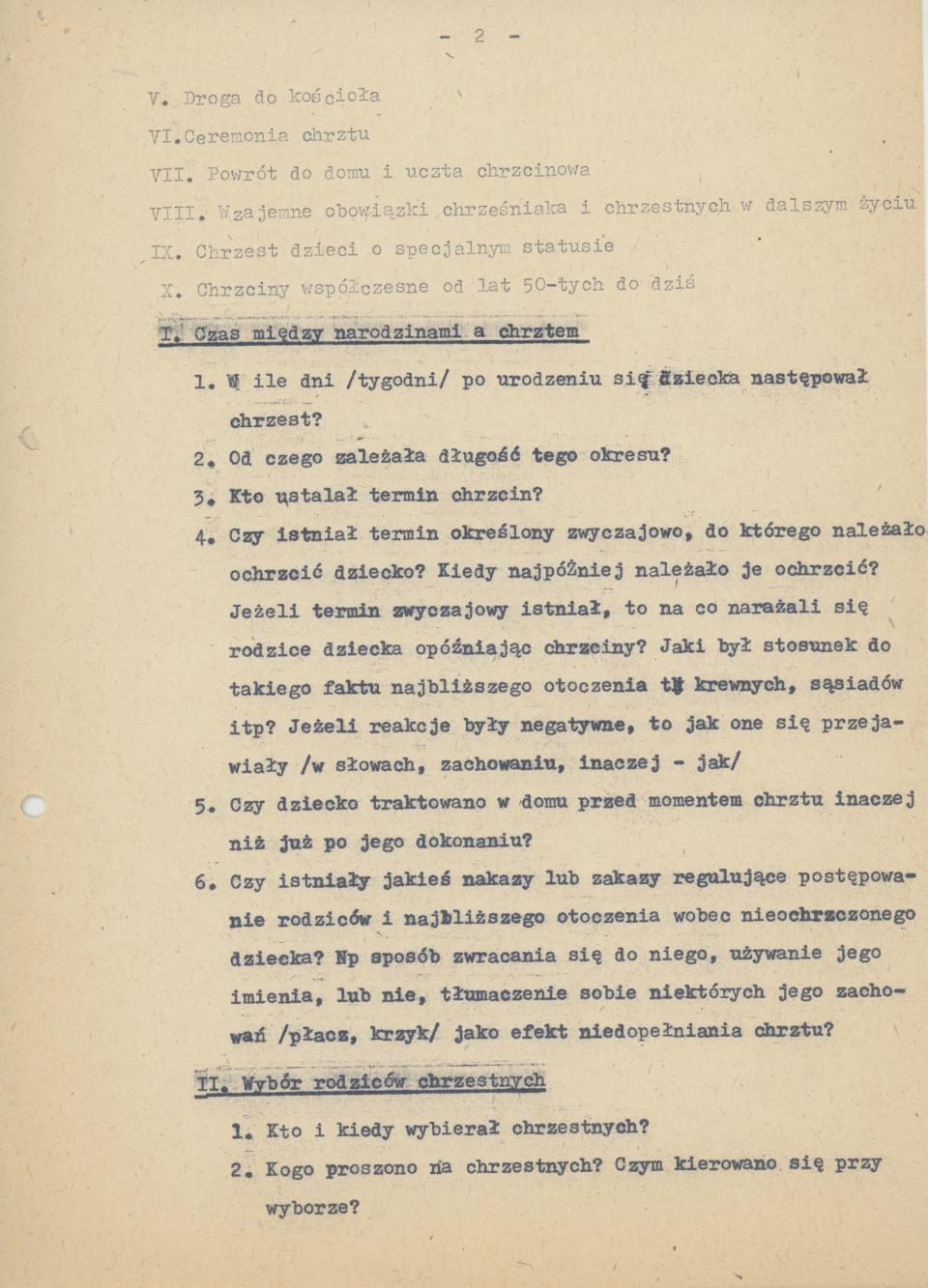 Kwestionariusz do badań nad zwyczajami i wierzeniami związanymi z chrztem dziecka na terenie Kalisza w okresie 1900-1939