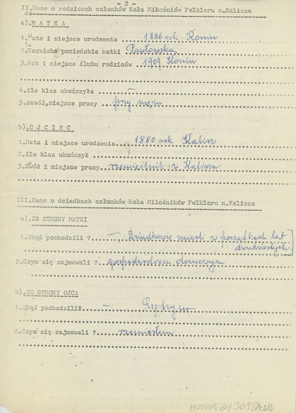 Maria Zengteler - kwestionariusz osobowy