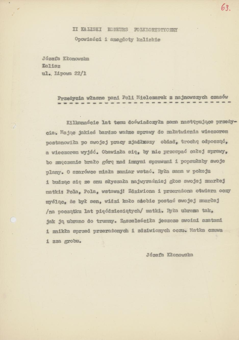 Przeżycia własne pani Poli Mielczarek z najnowszych czasów