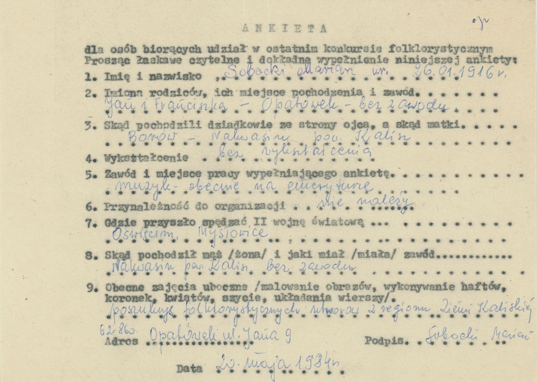 Marian Sobocki - ankieta osobowa