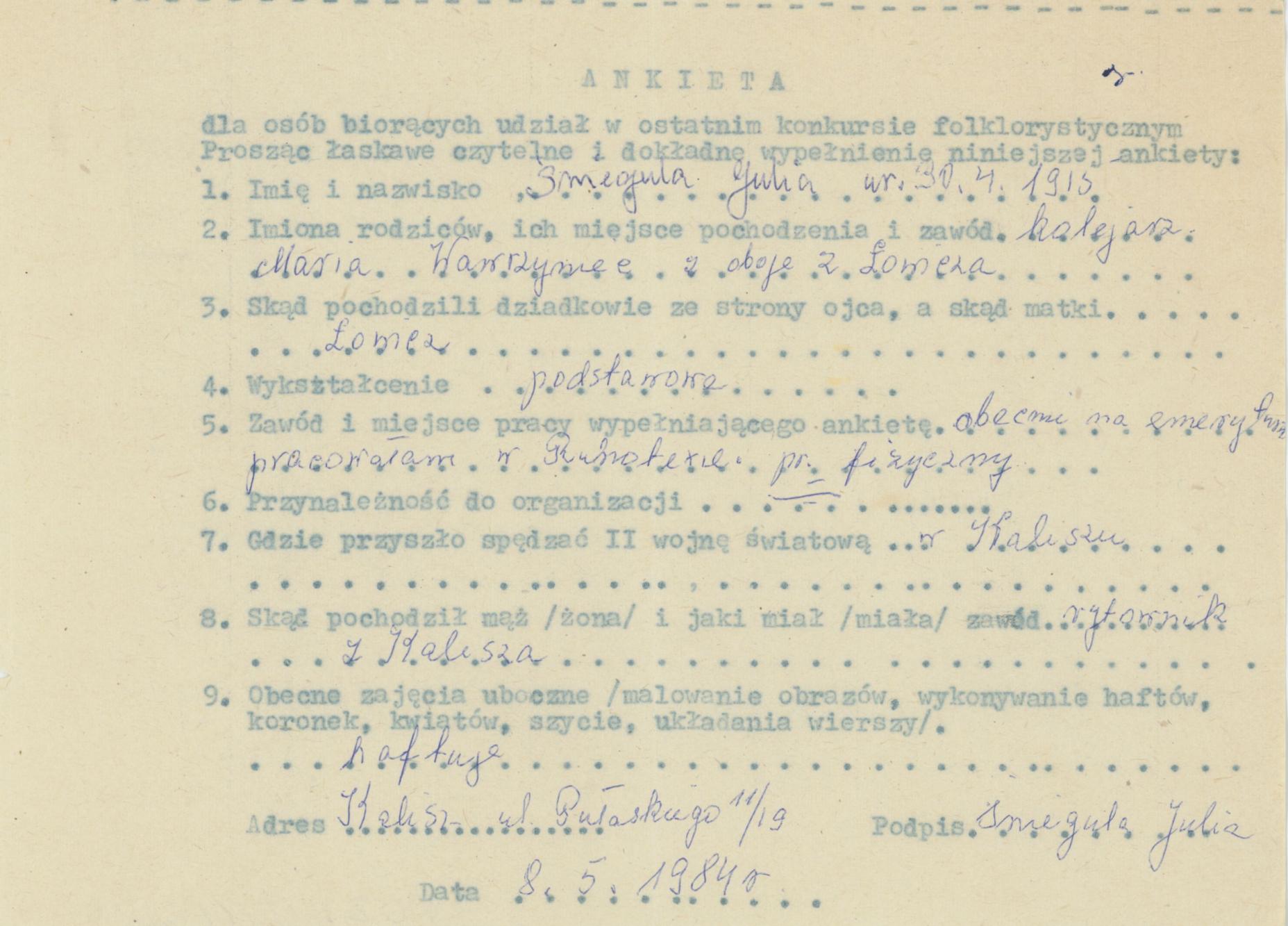 Julia Śniegula - ankieta osobowa