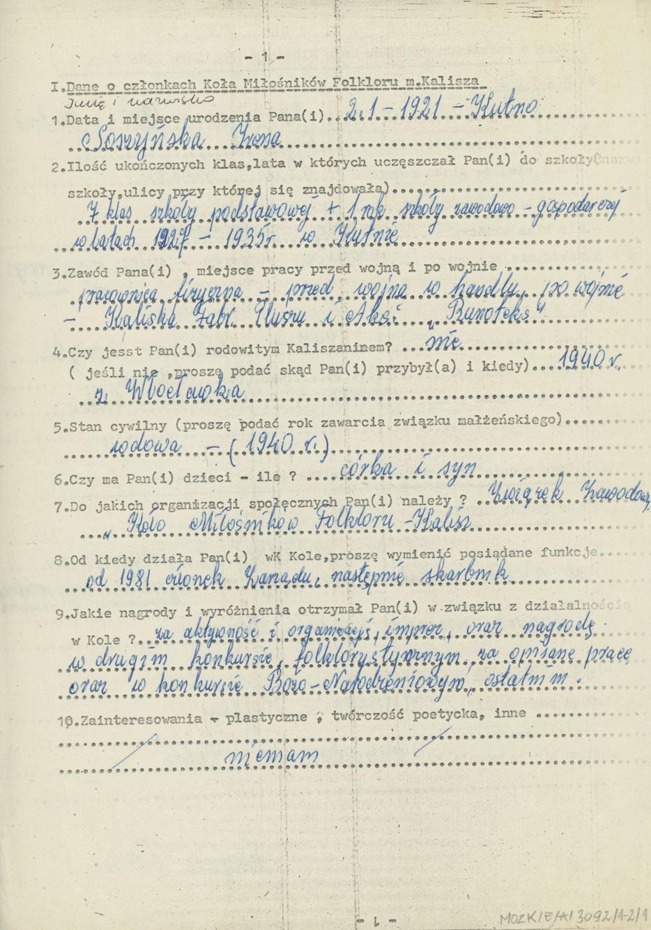 Irena Soszyńska - kwestionariusz osobowy