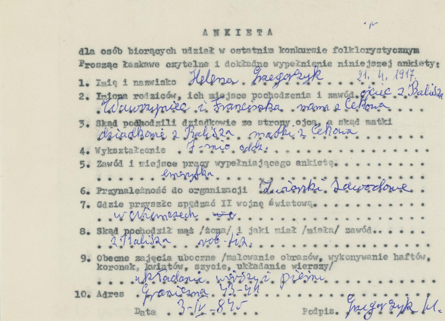 Helena Grzegorczyk - ankieta osobowa