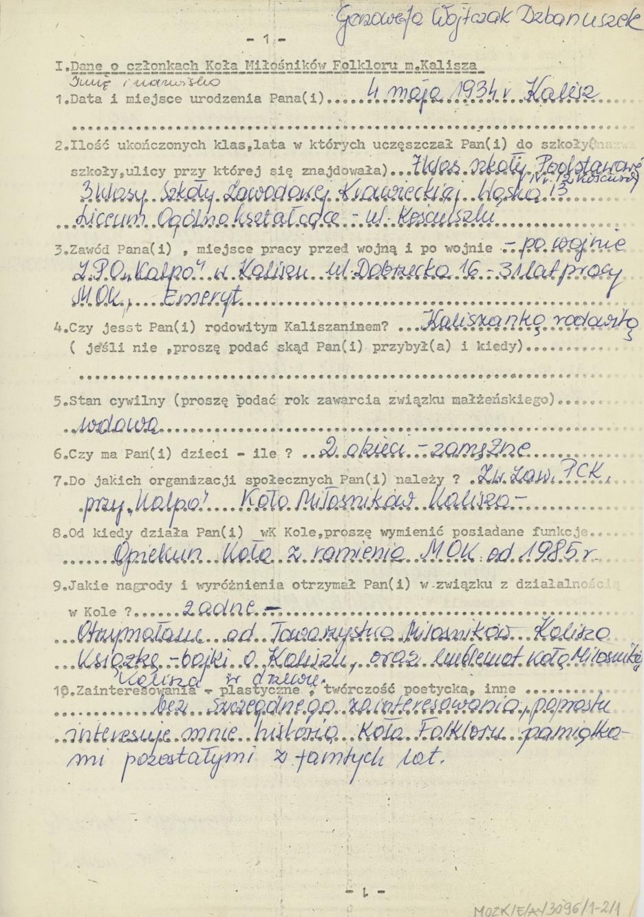 Genowefa Wojtczak-Dzbanuszek - kwestionariusz osobowy