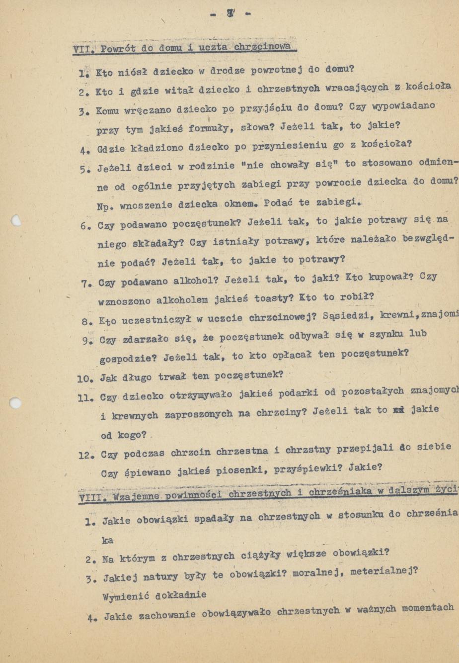 Kwestionariusz do badań nad zwyczajami i wierzeniami związanymi z chrztem dziecka na terenie Kalisza w okresie 1900-1939