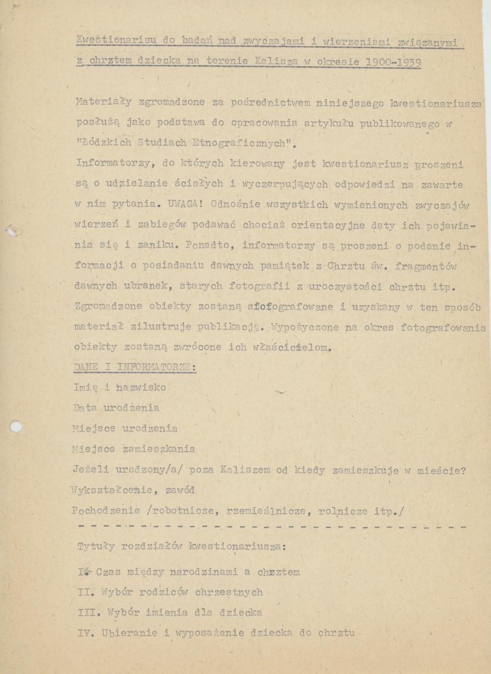 Kwestionariusz do badań nad zwyczajami i wierzeniami związanymi z chrztem dziecka na terenie Kalisza w okresie 1900-1939