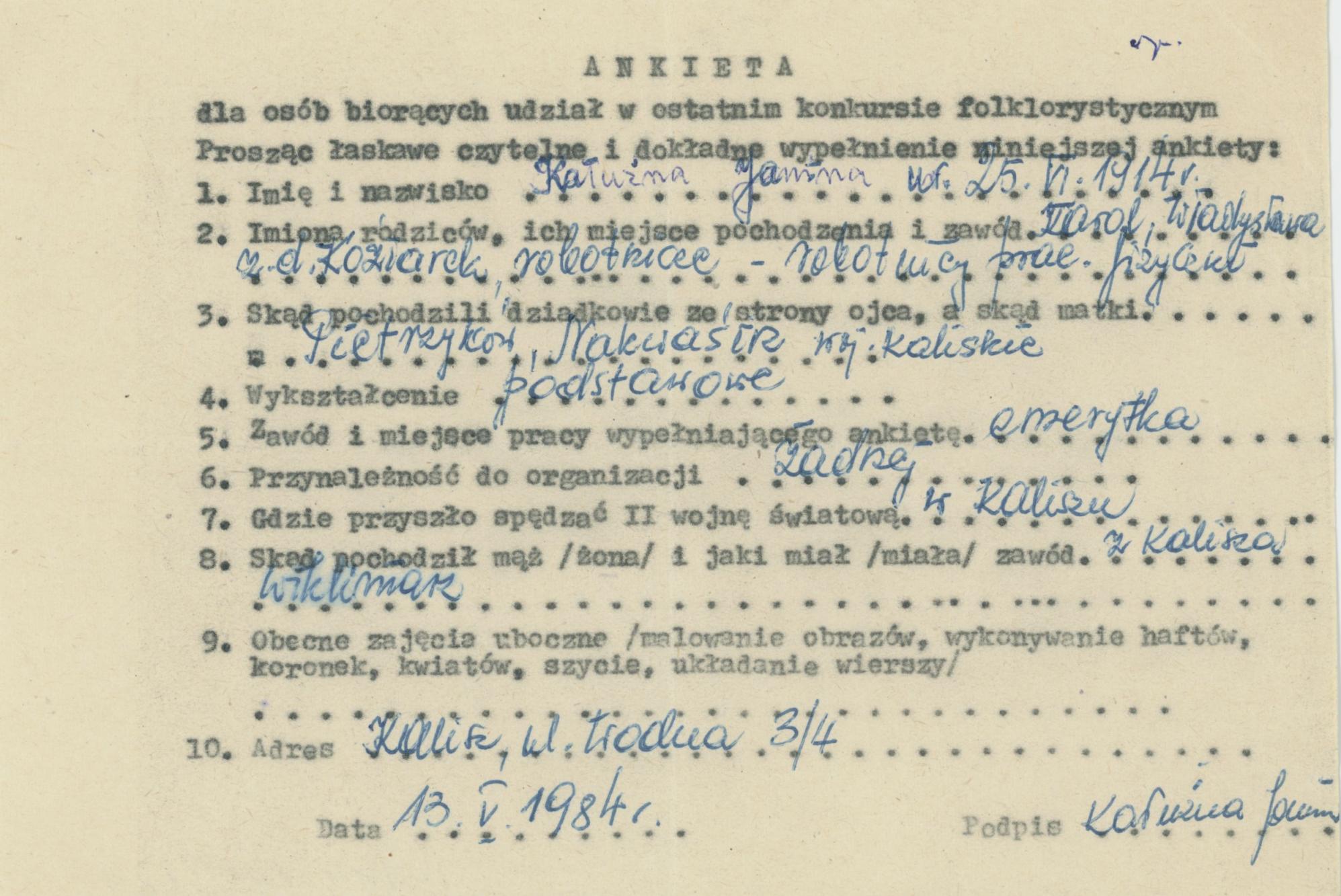 Janina Kałużna - ankieta osobowa