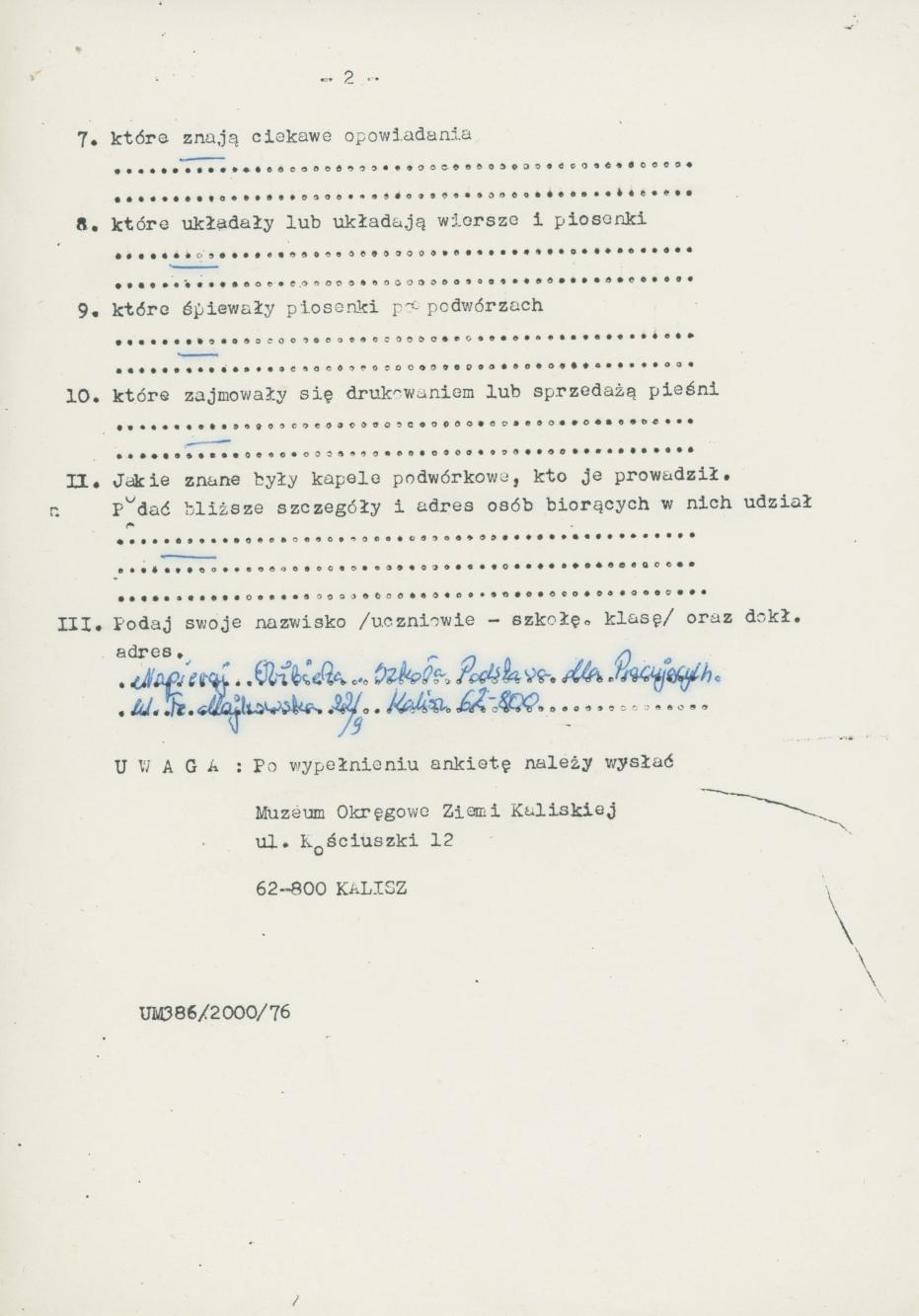 Konkurs Folklorystyczny Kalisza - blankiet