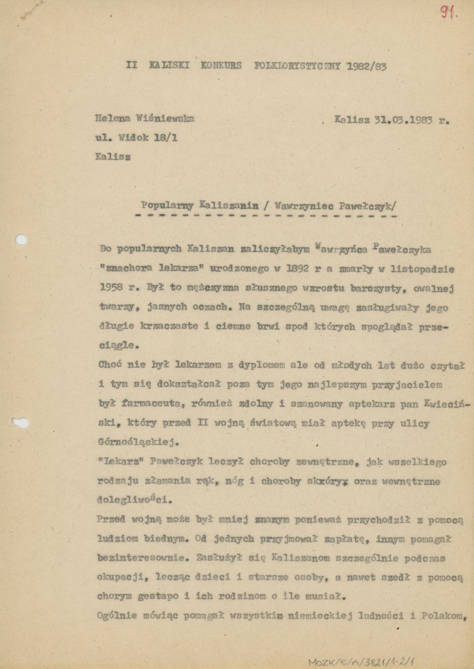 Popularny kaliszanin Wawrzyniec Pawełczyk